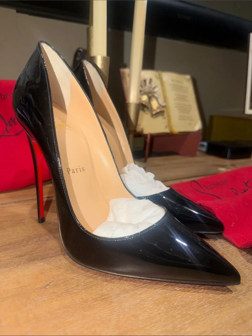 Authentic Christian Louboutin Black Patent Pointed-Toe Stiletto Pumps